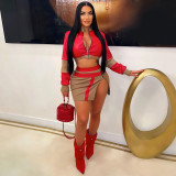 Chic PU Color-Block High-Waisted Bodycon Skirt Set
