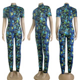 Fashion Printed Floral Element Short Sleeve Zipper One Piece Jumpsuit