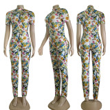 Fashion Printed Floral Element Short Sleeve Zipper One Piece Jumpsuit