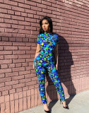 Fashion Printed Floral Element Short Sleeve Zipper One Piece Jumpsuit