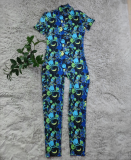 Fashion Printed Floral Element Short Sleeve Zipper One Piece Jumpsuit