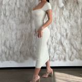 Hot Fashion Summer Dress Solid Color Ribbed Woman Dress