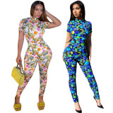 Fashion Printed Floral Element Short Sleeve Zipper One Piece Jumpsuit