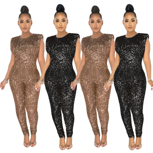 Shiny One Piece Romper Women Sexy Glitter Sequin Sleeveless Jumpsuit