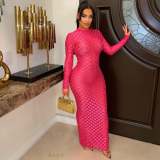 Elegant Western-Style Grid Round Neck Slim Fit Maxi Dress