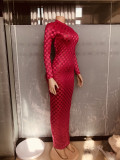 Elegant Western-Style Grid Round Neck Slim Fit Maxi Dress