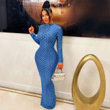 Elegant Western-Style Grid Round Neck Slim Fit Maxi Dress