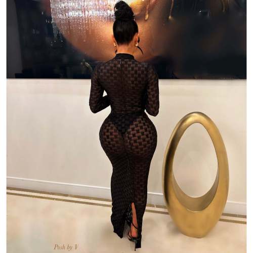 Elegant Western-Style Grid Round Neck Slim Fit Maxi Dress