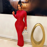 Elegant Western-Style Grid Round Neck Slim Fit Maxi Dress