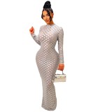 Elegant Western-Style Grid Round Neck Slim Fit Maxi Dress