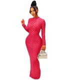 Elegant Western-Style Grid Round Neck Slim Fit Maxi Dress