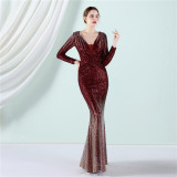 Gradient Sequin Long Sleeve Evening Dresses