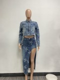 Sexy High-elastic Embroidered Washed Denim Skirt Two Piece Set