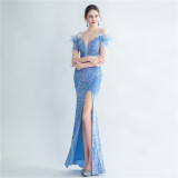 Fish Bone Ostrich Hair Tied Back With Rope Corset Style Velvet Bottom Sequin Evening Dress