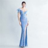 Fish Bone Ostrich Hair Tied Back With Rope Corset Style Velvet Bottom Sequin Evening Dress