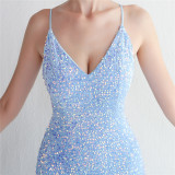 Spaghetti Strap Sequin Evening Gown Stunning Floor-Length Cocktail Dress