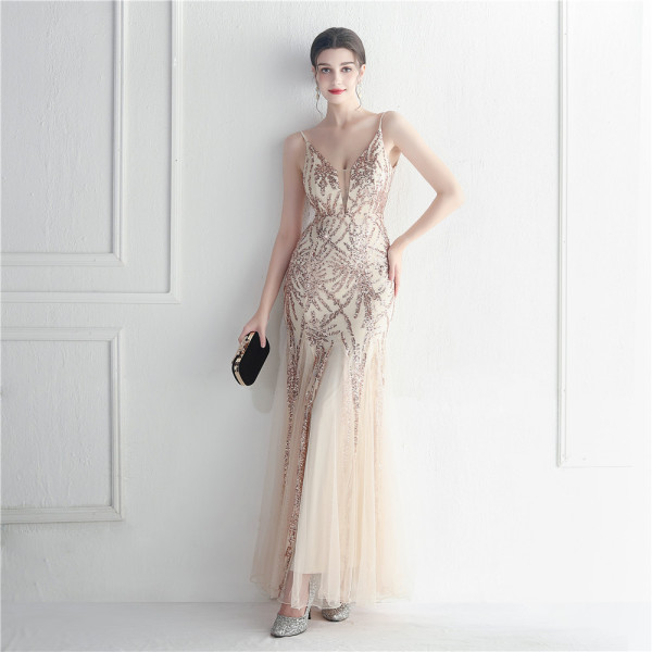Sparkling Mesh and Sensual Suspender Long Evening Dress