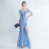 Fish Bone Ostrich Hair Tied Back With Rope Corset Style Velvet Bottom Sequin Evening Dress