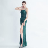 Fashionable Pleated Sequins Floral Forked Evening Dress
