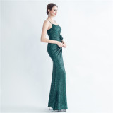 Fashionable Pleated Sequins Floral Forked Evening Dress