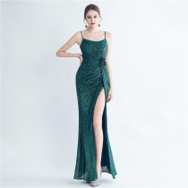 Fashionable Pleated Sequins Floral Forked Evening Dress Fashionable Pleated Sequins Floral Forked Evening Dress