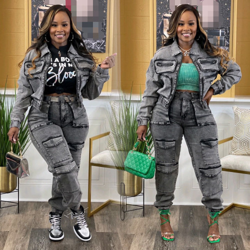 Fashion High-elastic Washed Denim Casual Two Piece Set with Multi-pocket