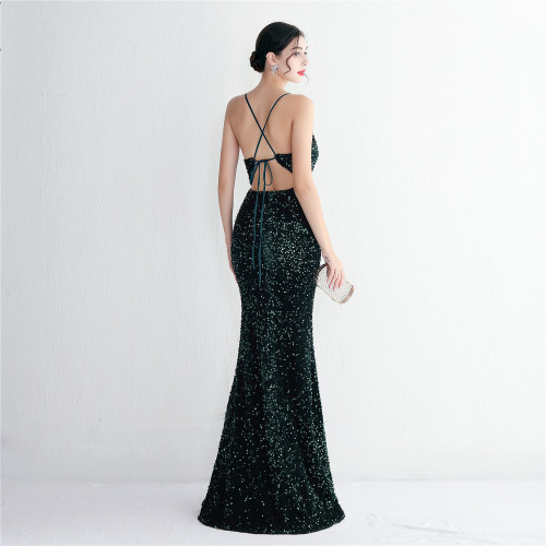Spaghetti Strap Sequin Evening Gown Stunning Floor-Length Cocktail Dress