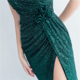 Fashionable Pleated Sequins Floral Forked Evening Dress