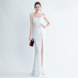 Fashionable Pleated Sequins Floral Forked Evening Dress