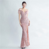 Fish Bone Ostrich Hair Tied Back With Rope Corset Style Velvet Bottom Sequin Evening Dress