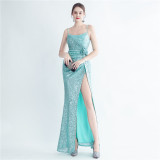 Fashionable Pleated Sequins Floral Forked Evening Dress