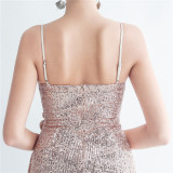 Fashionable Pleated Sequins Floral Forked Evening Dress