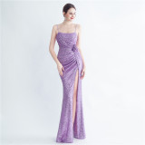 Fashionable Pleated Sequins Floral Forked Evening Dress