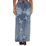 Sexy High-elastic Embroidered Washed Denim Skirt Two Piece Set