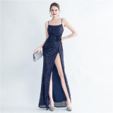 Fashionable Pleated Sequins Floral Forked Evening Dress
