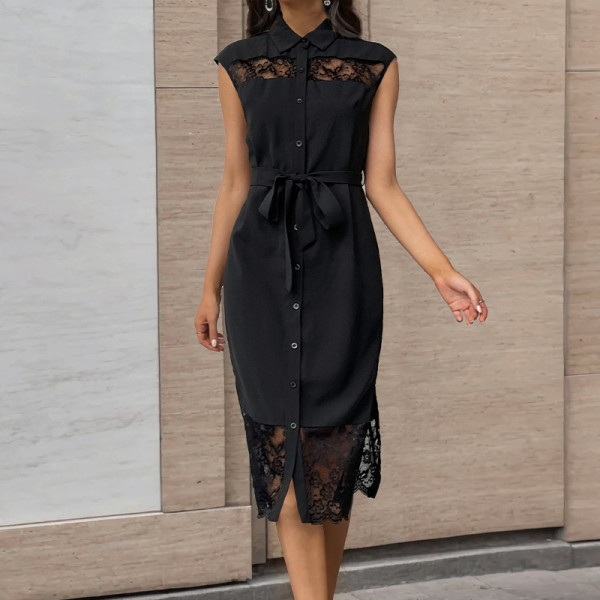 Women's Dresses Contrast Lace Belted Shirt Dress