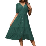 Solid Button Front Ruffle Hem Dress