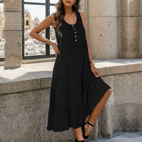 Black 2023 Summer Casual V Neck Sleeveless Loose Elegant Mid Dress
