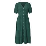 Solid Button Front Ruffle Hem Dress