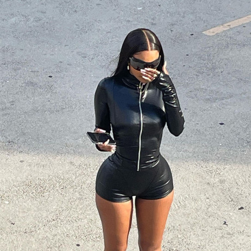 Casual Street Style Slim Fit Long Sleeve Top with High Waist Bodycon Shorts Set