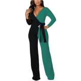 Solid Color Fashion V Neck Splicing Jumpsuit with Belt