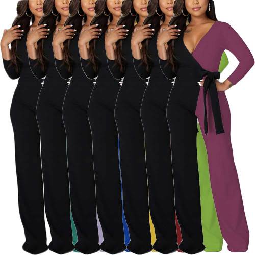 Solid Color Fashion V Neck Splicing Jumpsuit with Belt