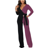 Solid Color Fashion V Neck Splicing Jumpsuit with Belt