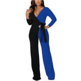 Solid Color Fashion V Neck Splicing Jumpsuit with Belt