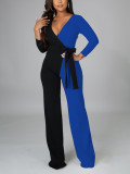 Solid Color Fashion V Neck Splicing Jumpsuit with Belt