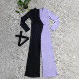 Solid Color Fashion V Neck Splicing Jumpsuit with Belt
