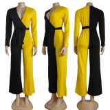 Solid Color Fashion V Neck Splicing Jumpsuit with Belt