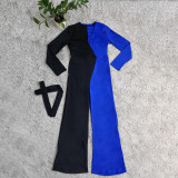 Solid Color Fashion V Neck Splicing Jumpsuit with Belt