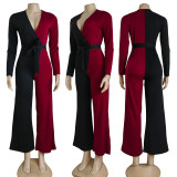 Solid Color Fashion V Neck Splicing Jumpsuit with Belt