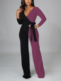 Solid Color Fashion V Neck Splicing Jumpsuit with Belt
